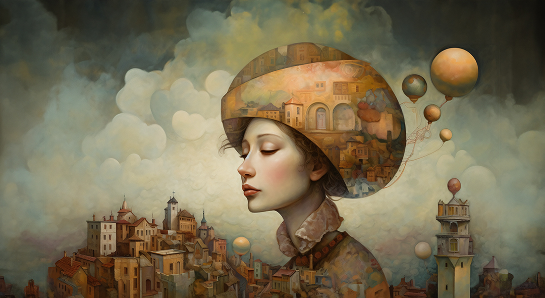 A child seizes the past moment, eyes closed beneath a sky veiled in clouds. Within the hat, hidden cities mirror themselves, emerging from the outskirts of the clouds, each bearing its own stories and memories. This image encapsulates the magic of capturing fleeting moments amidst the ever-changing world.