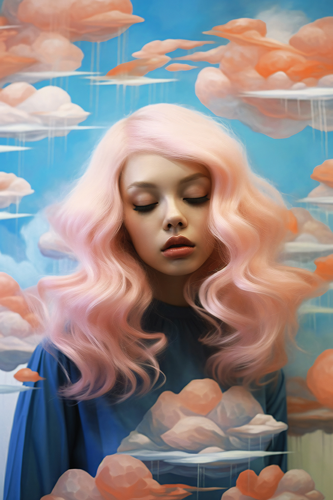 A girl with gentle pink hair lingers in a moment of inner tranquility. Around her, clouds tinted in a soothing orange settle like tender embraces, curious and gentle. These clouds begin to form delicate threads, weaving a network of dreams and possibilities around her. The scene exudes a meditative calmness, wrapping around the girl like an invisible veil, symbolizing the inner thoughts and yearnings that allow her to sink into the infinite expanse of the sky.